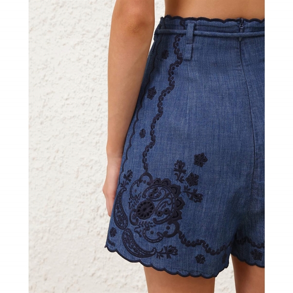 Zimmermann Aster Embroidered Denim Shorts, Railway Blue 
